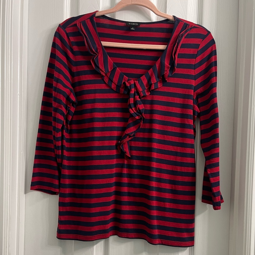 Talbot’s Ruffle Neckline Red and Navy Stripe 3/4 Sleeve Top Cotton/Modal Size S